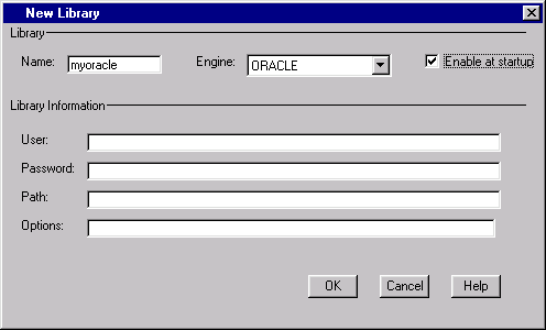 New Library window for ORACLE engine