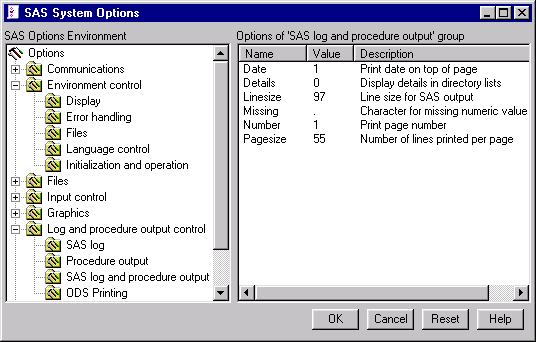 SAS System Options window