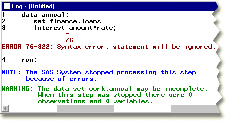 The SAS Log window displays error messages.