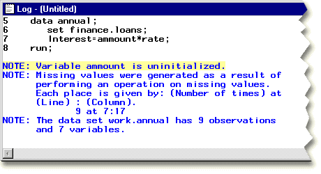 The SAS Log window displays error message.