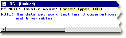 The SAS Log window displays variable values and names.