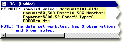 The SAS Log window displays all variable values.